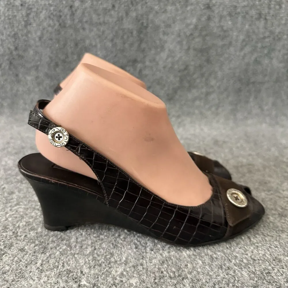 Brighton Nigel Croc Embossed Leather Slingback Wedge Heel Peep Toe Italy 9 N